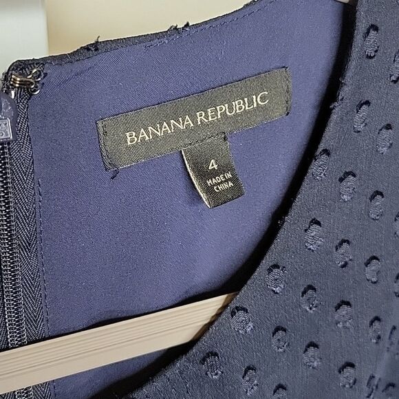 4 BANANA REPUBLIC CLASSIC CHIFFON SWISS DOT FLUTTER SLEEVE NAVY BLUE LINED DRESS - Picture 4 of 14